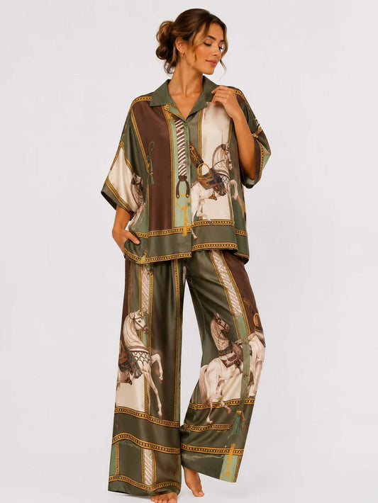 Retro Equestrian Print Shirt & Wide-Leg Pants Two-Piece Set