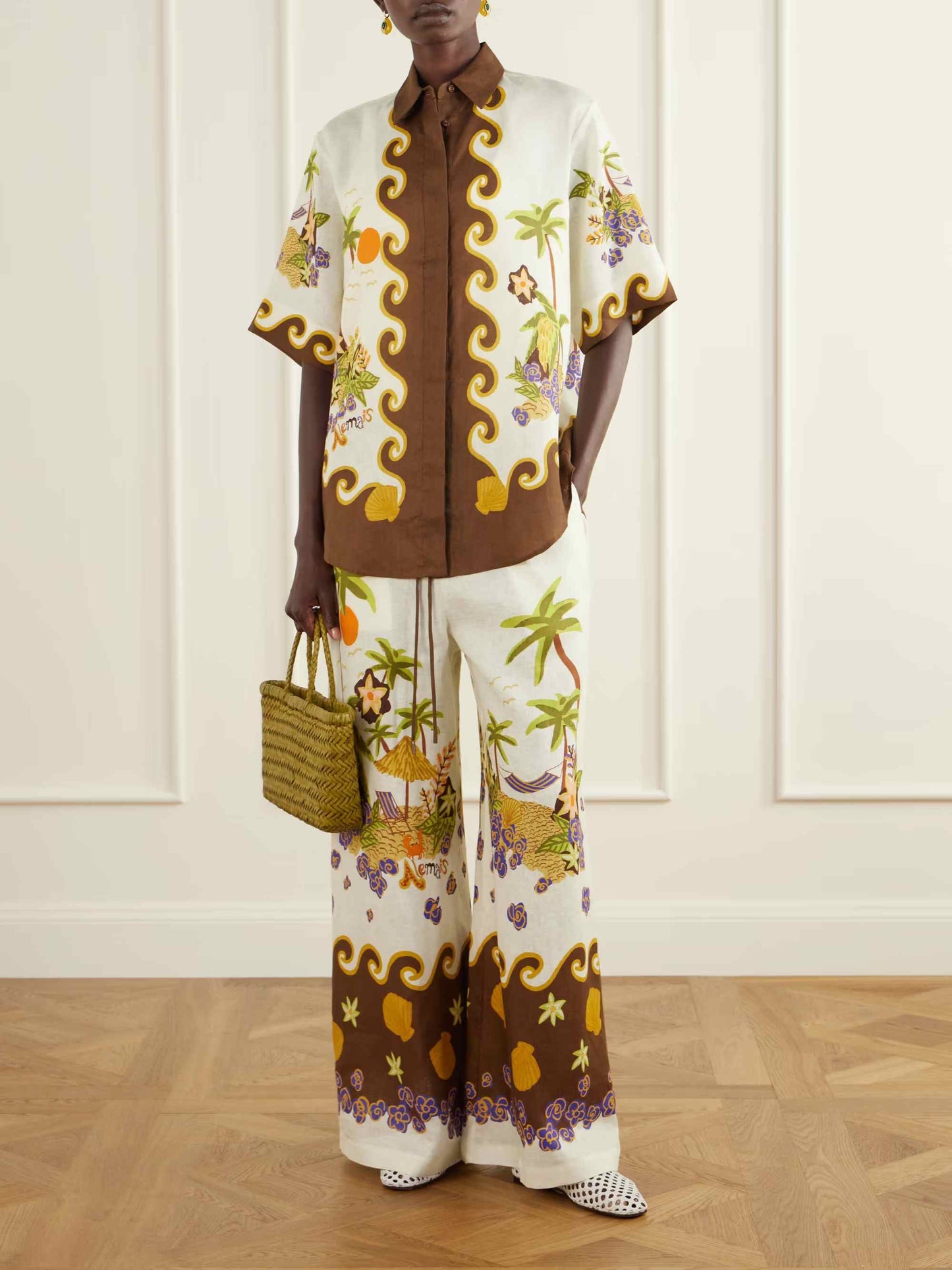 Retro Tropical Print Shirt & Wide-Leg Pants Two-Piece Set