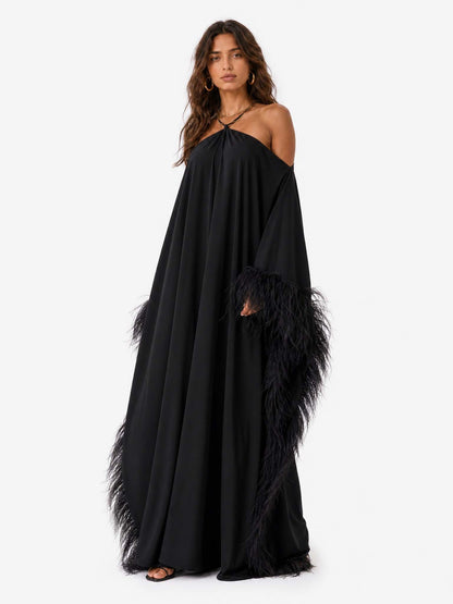 Elegant Halter Cold Shoulder Feather Sleeve Kaftan Maxi Gown