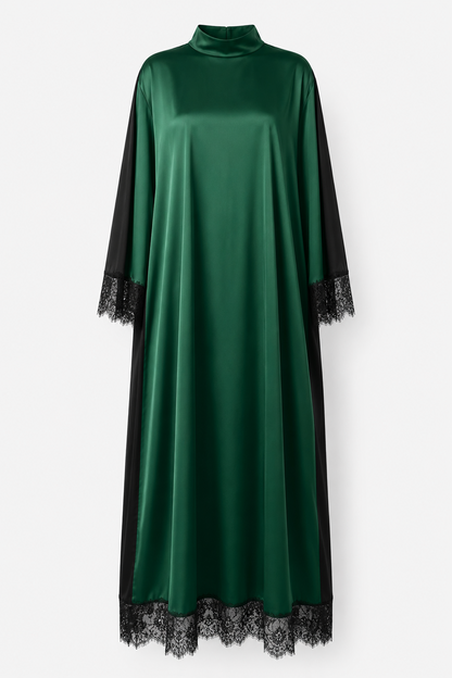 Elegant Color-Block Reversible Satin Lace-Trim Maxi Dress