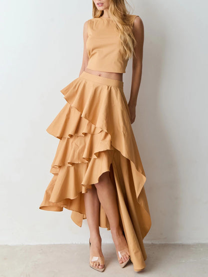 Elegant Crop Top & Tiered Asymmetrical Skirt Two-Piece Set