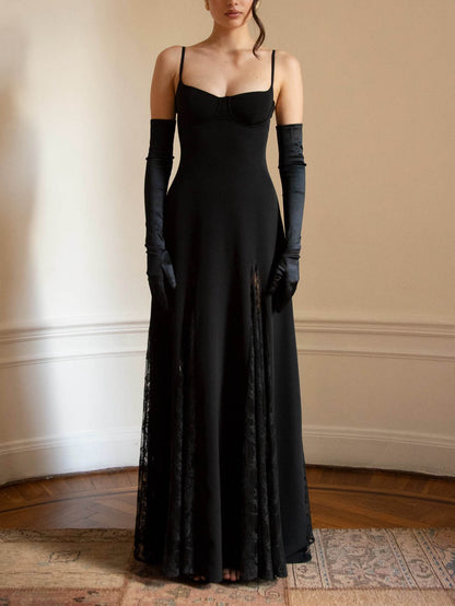 Elegant Satin Lace Patchwork Spaghetti Strap Maxi Dress