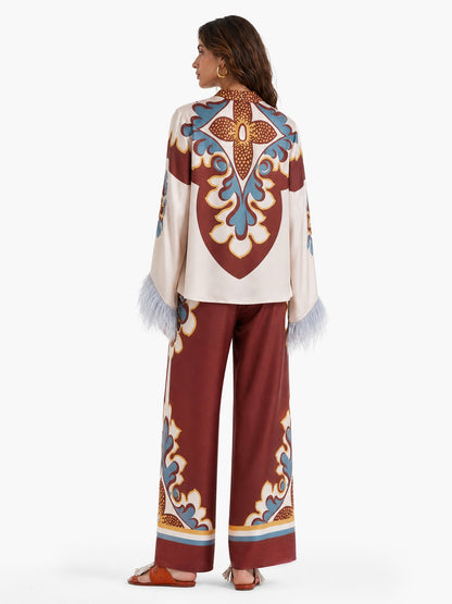 Retro Print Satin Feather Trim Top & Wide-Leg Pants Two-Piece Set
