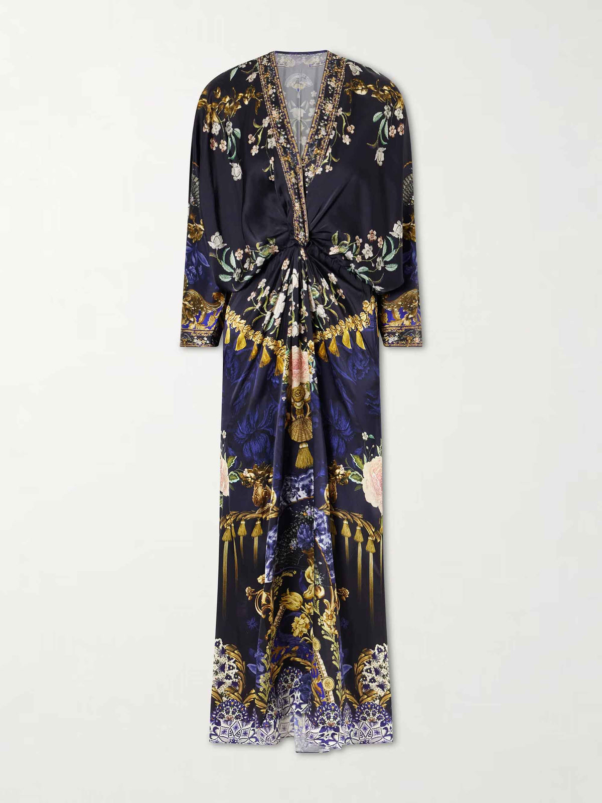 Retro Floral Print Twist Front Satin Maxi Dress