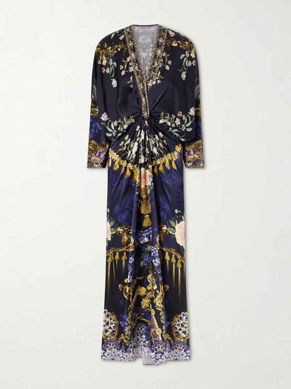 Retro Floral Print Twist Front Satin Maxi Dress