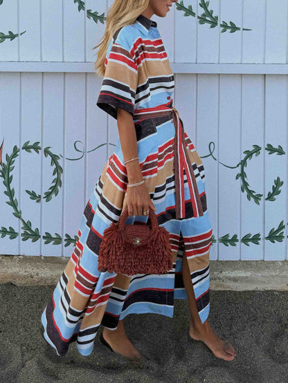 Casual Striped Self-Tie Waist Shirt Midi Dress
