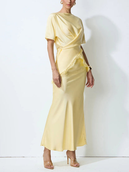 Elegant Draped Satin Lace-Trim Top Two-Piece Set