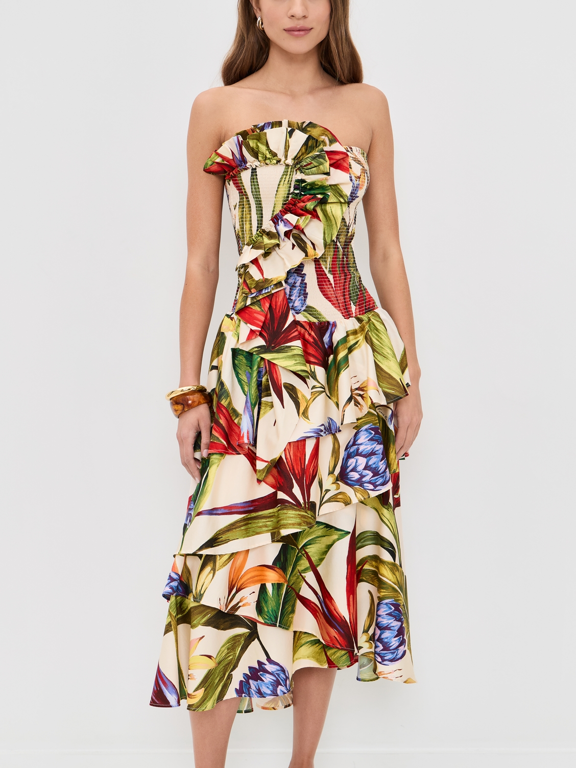 Tropical Botanical Print Strapless Dress