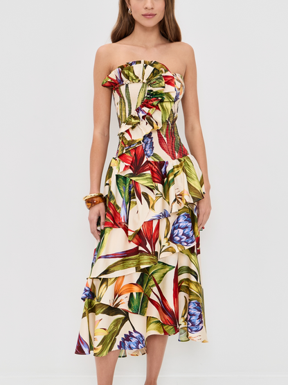 Tropical Botanical Print Strapless Dress