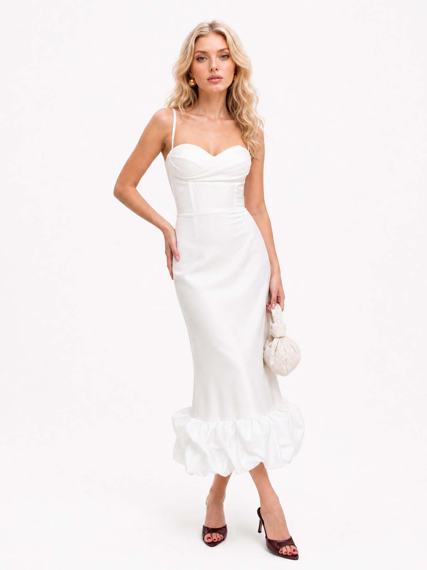 Elegant Sweetheart Ruffle Hem Satin Maxi Dress