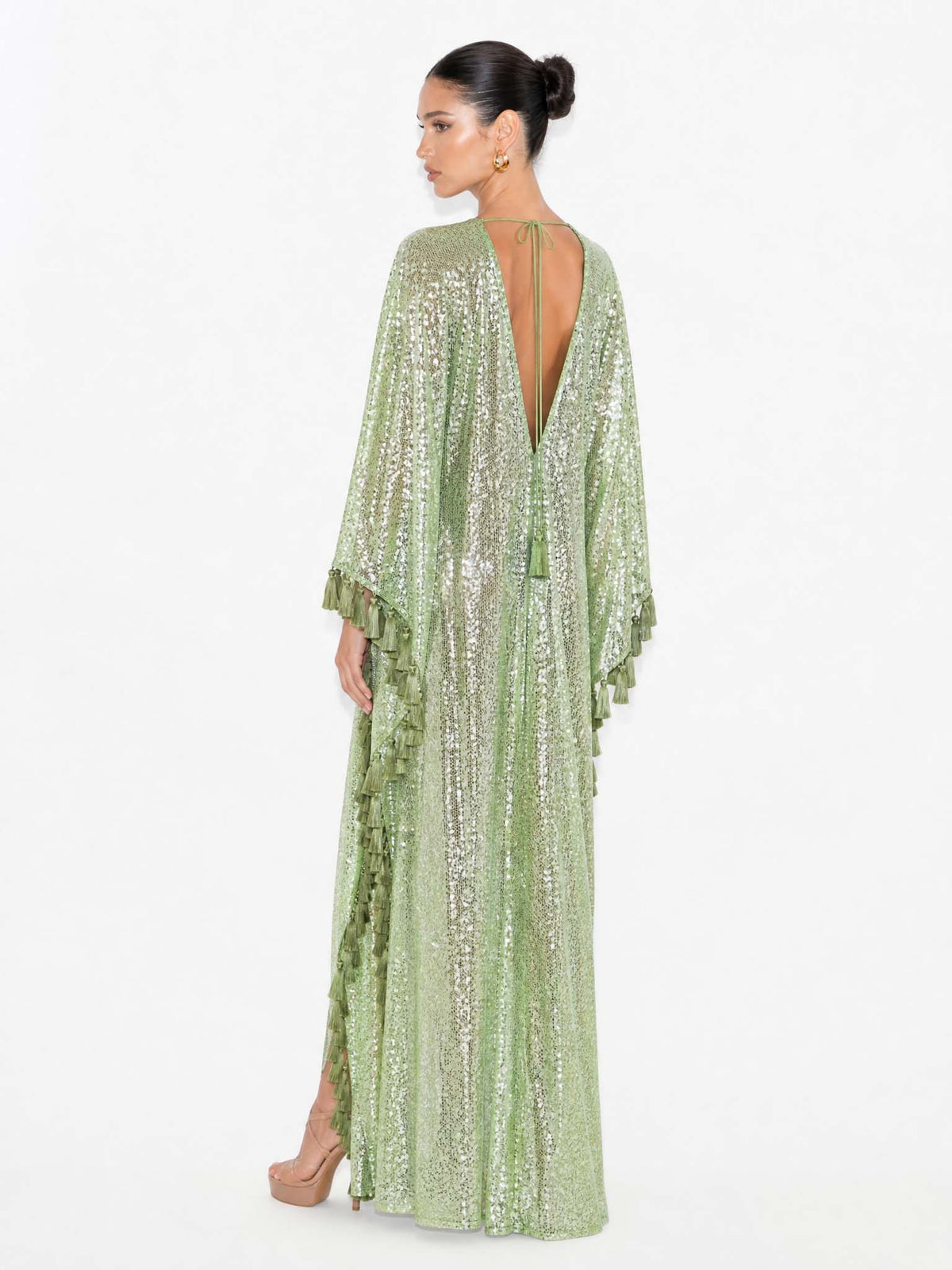 Sequin Deep V-Neck Fringe Kaftan Maxi Dress