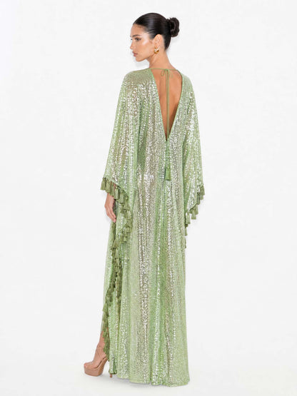 Sequin Deep V-Neck Fringe Kaftan Maxi Dress