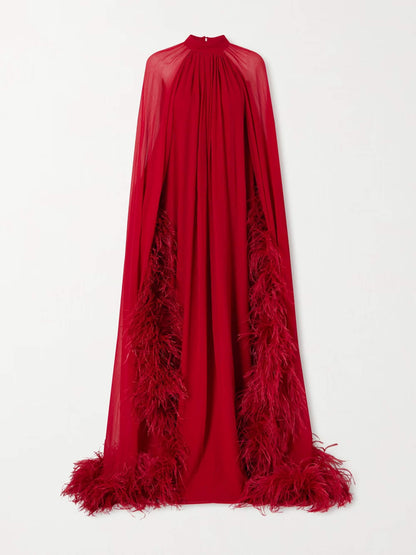 Exquisite Feather Trim Chiffon Cape Maxi Dress