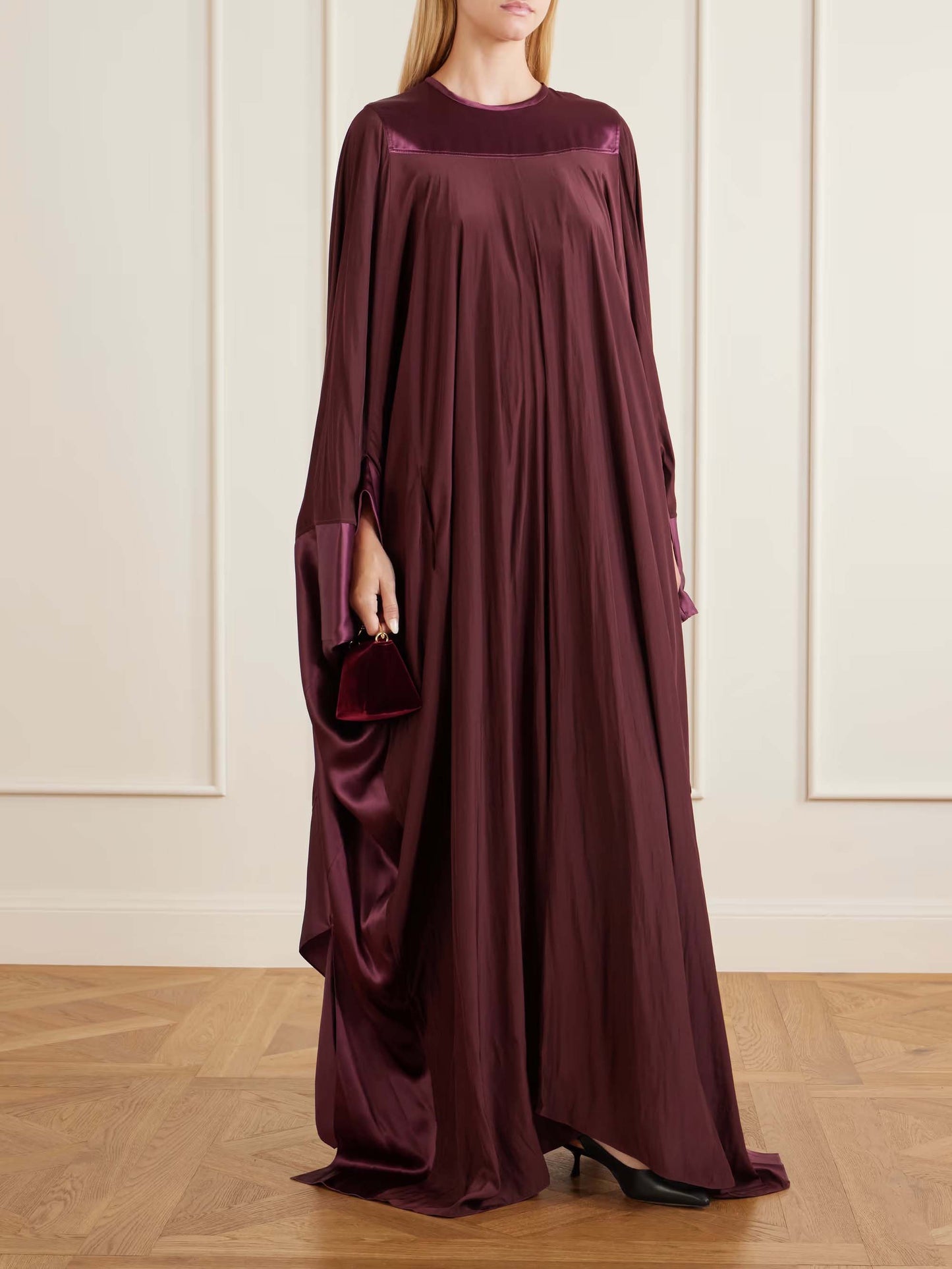 Elegant Burgundy Contrast Satin Maxi Kaftan Dress