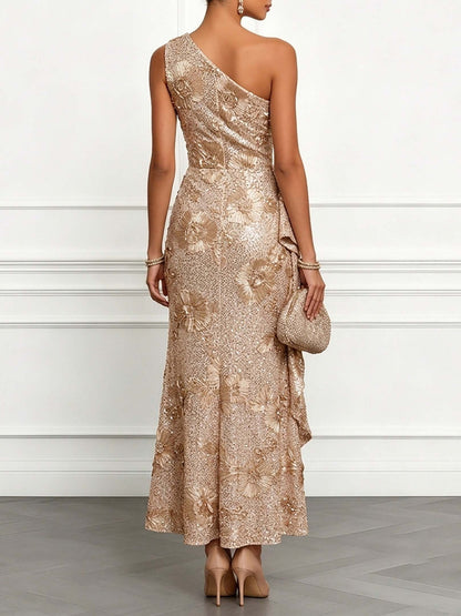Elegant Floral Sequin One-Shoulder Ruched Maxi Dress