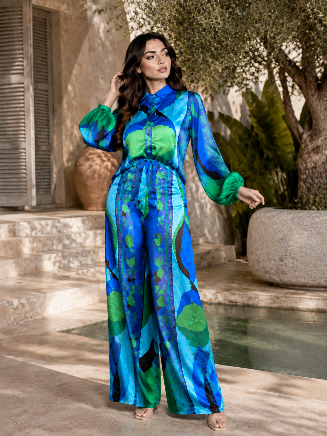 Exquisite Geometric Print Shirt & Wide-Leg Pants Two-Piece Set