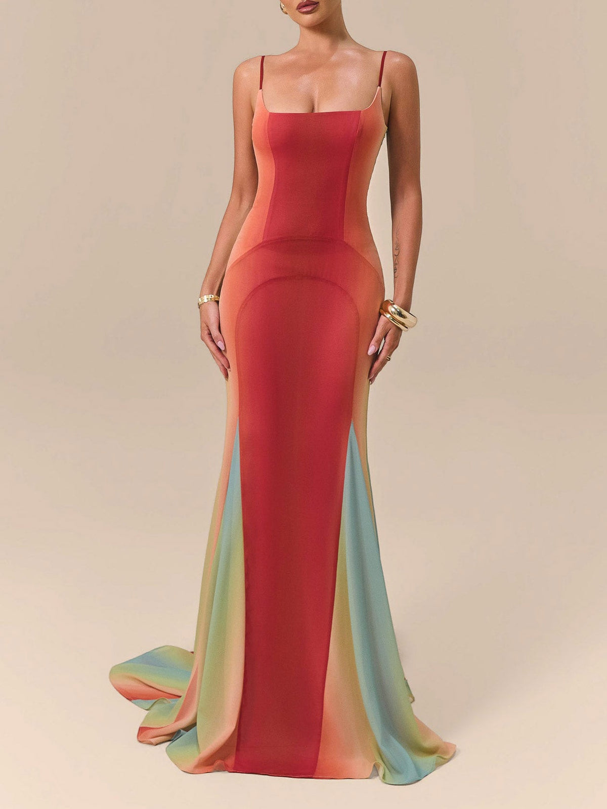 Elegant Gradient Ombre Satin Mermaid Maxi Dress