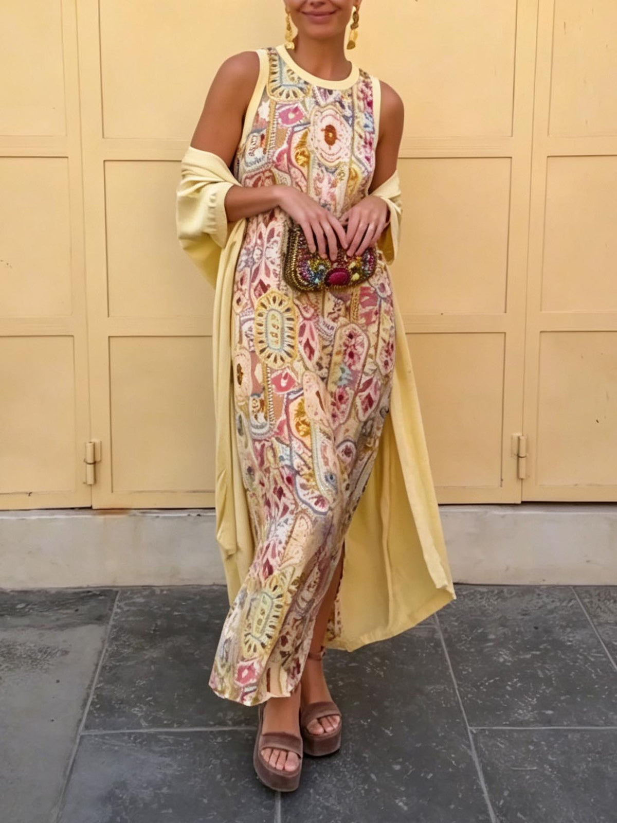 Retro Tile Print Sleeveless Maxi Dress Two Piece Set