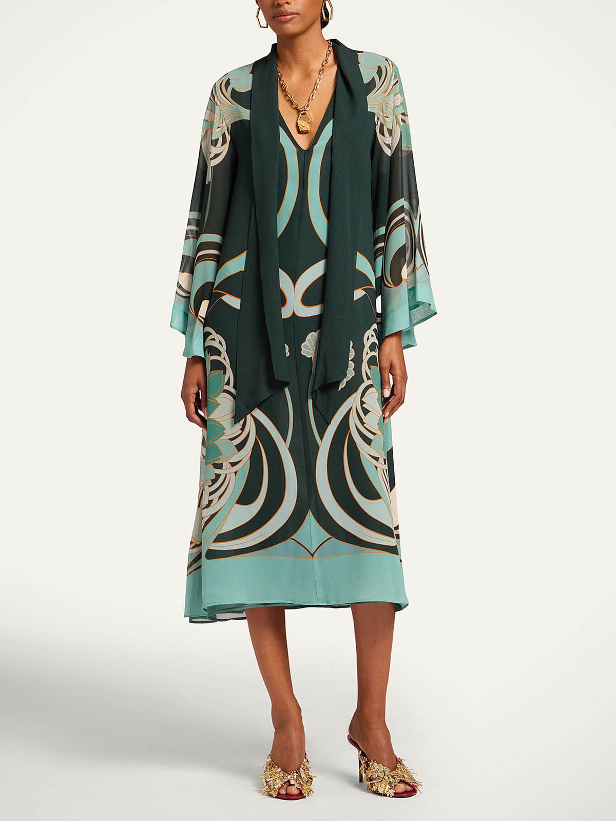 Elegant Geometric Print Chiffon Shawl Midi Dress