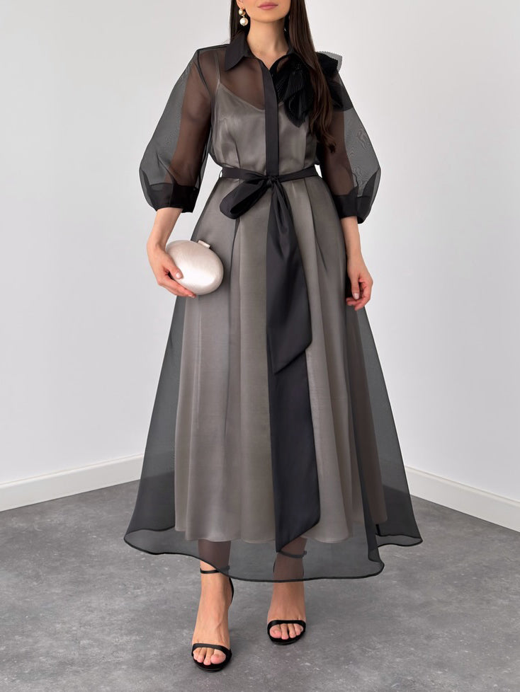 Elegant Sheer Organza Overlay Tie-Waist Midi Dress