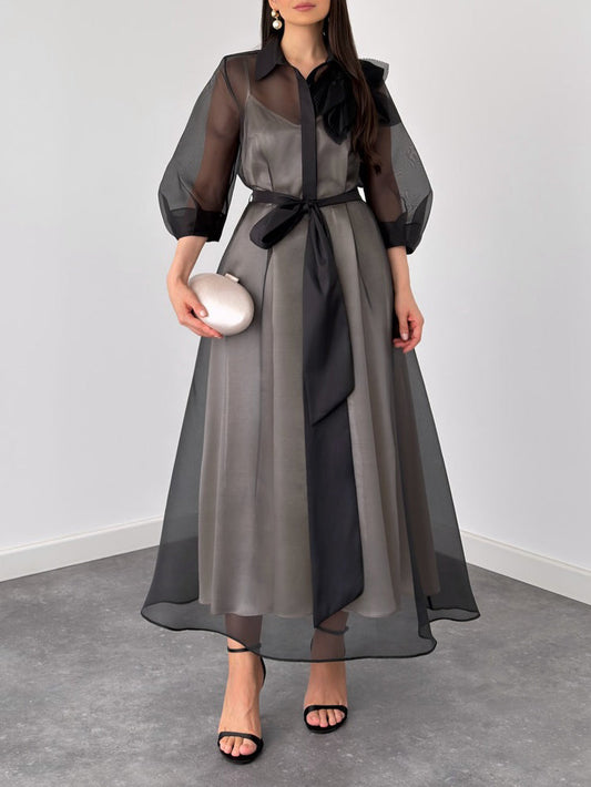 Elegant Sheer Organza Overlay Tie-Waist Midi Dress
