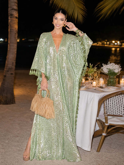 Sequin Deep V-Neck Fringe Kaftan Maxi Dress