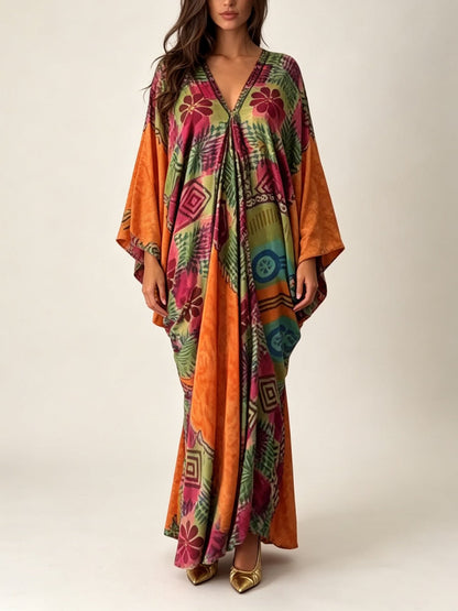 Retro Bohemian Floral Print V-Neck Kaftan Maxi Dress