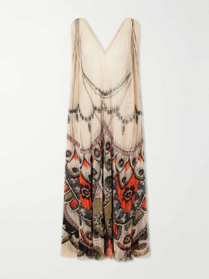 Elegant Abstract Print Ruched Maxi Dress