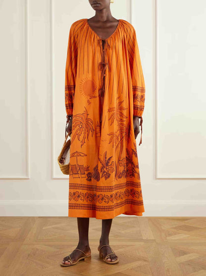 Retro Printed Tie-Neck Loose Maxi Dress
