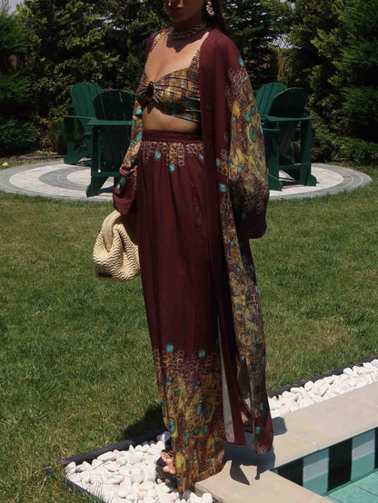 Burgundy Peacock Print 3 Piece Set