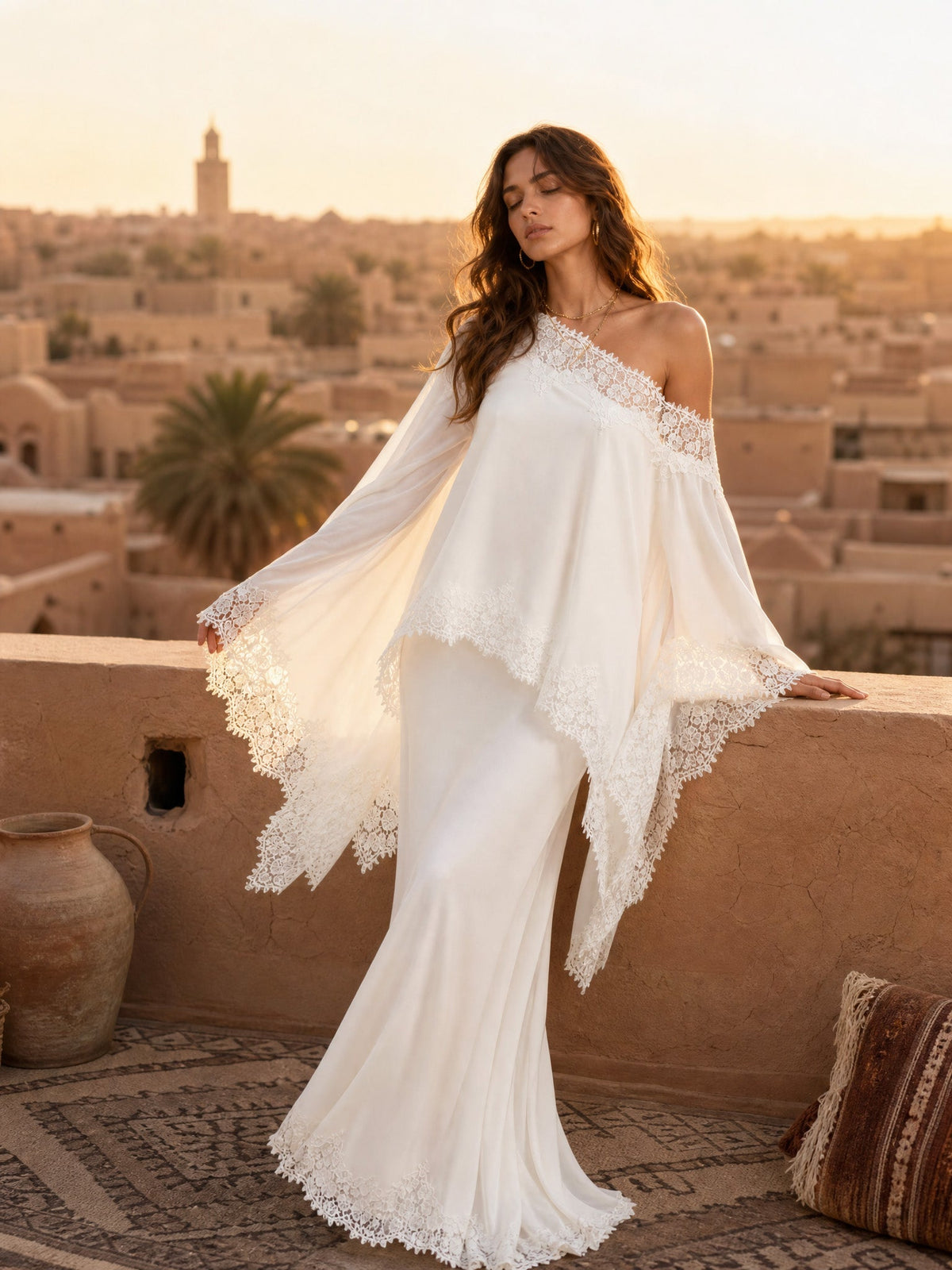 Elegant Satin Lace Shawl & Maxi Skirt Two-Piece Set