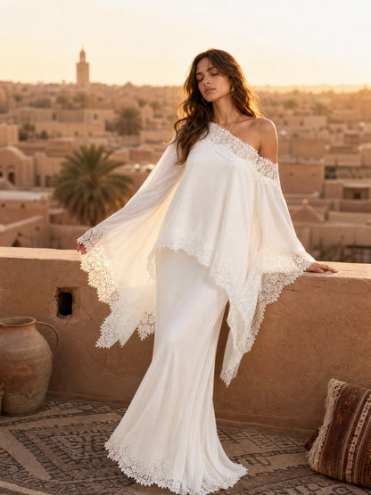Elegant Satin Lace Shawl & Maxi Skirt Two-Piece Set