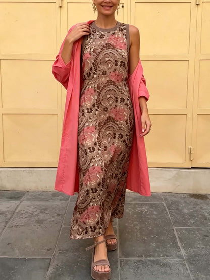 Elegant Abstract Floral Print Dress Two-Piece Set