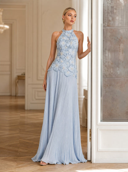 Elegant Halter Neck 3D Floral Appliqué Ruched Maxi Dress