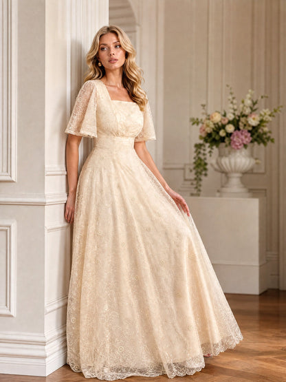 Elegant Square Neck Sheer Tulle Floral Embroidered Maxi Dress