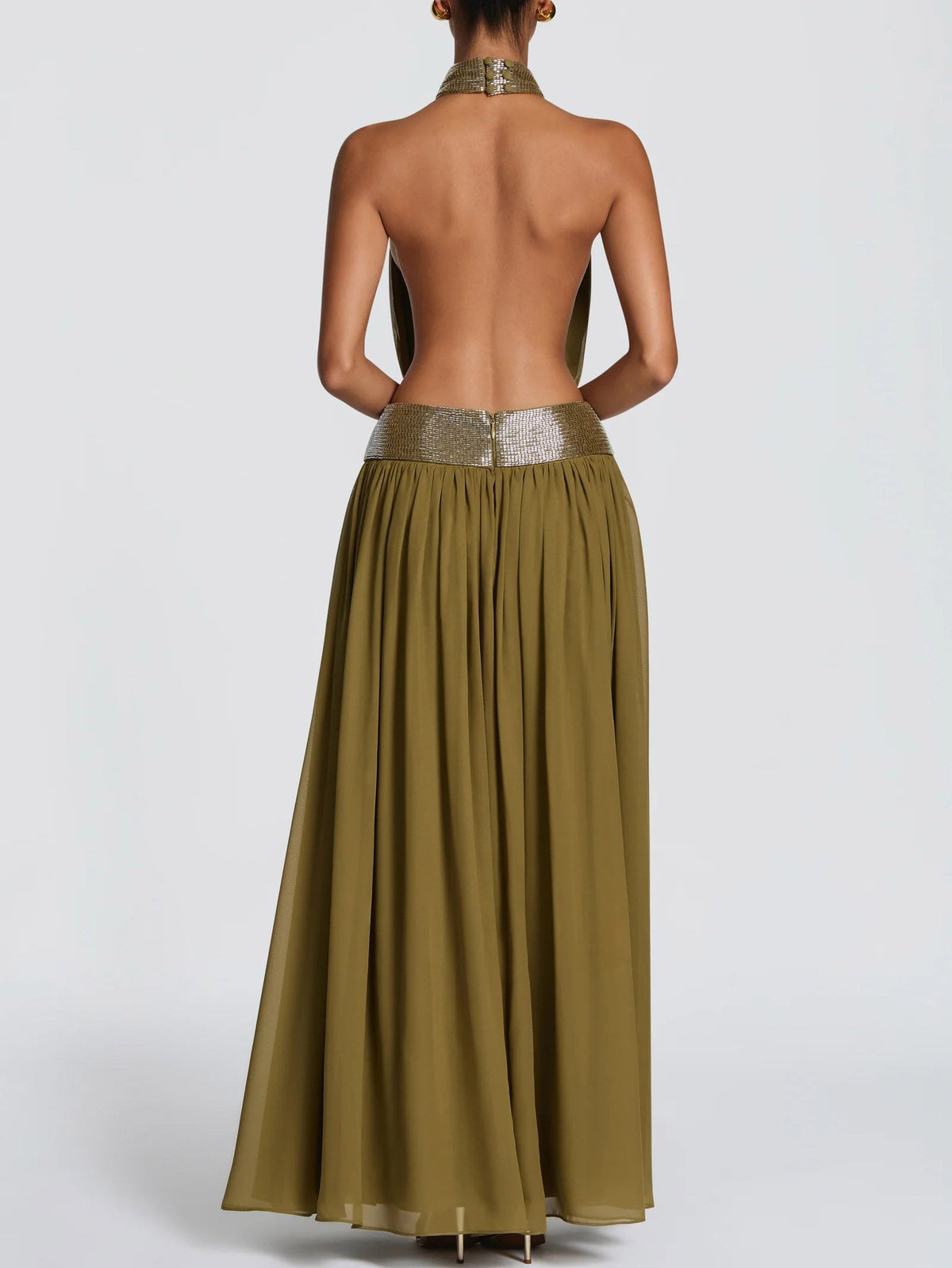 Elegant Halter Neck Sequin Chiffon Maxi Dress