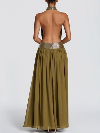 Elegant Halter Neck Sequin Chiffon Maxi Dress