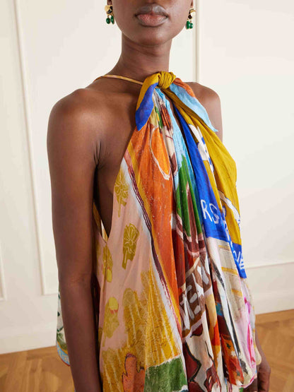 Unique Art Print Backless Maxi Dress