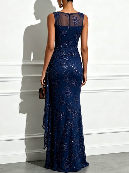 Elegant Floral Embroidered Mesh Ruched Maxi Dress