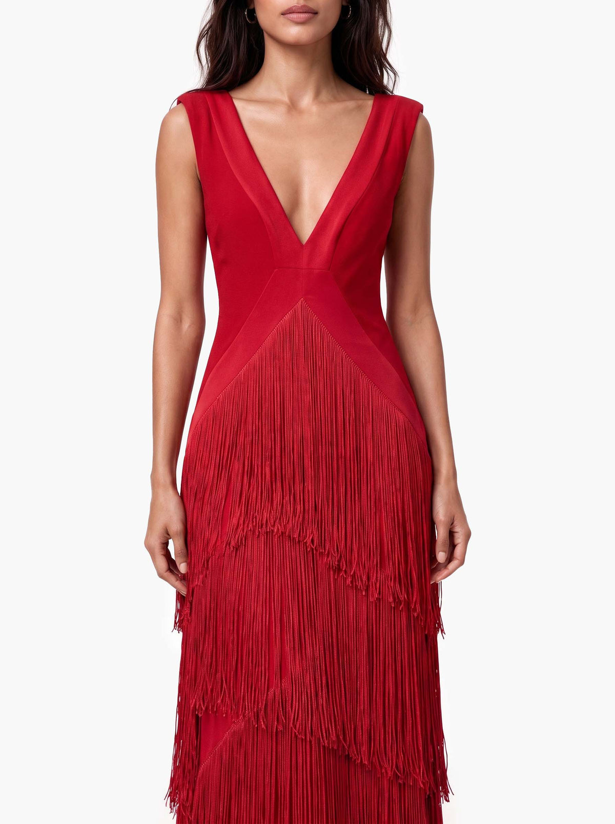 Elegant Deep V-Neck Tiered Fringe Sleeveless Maxi Dress
