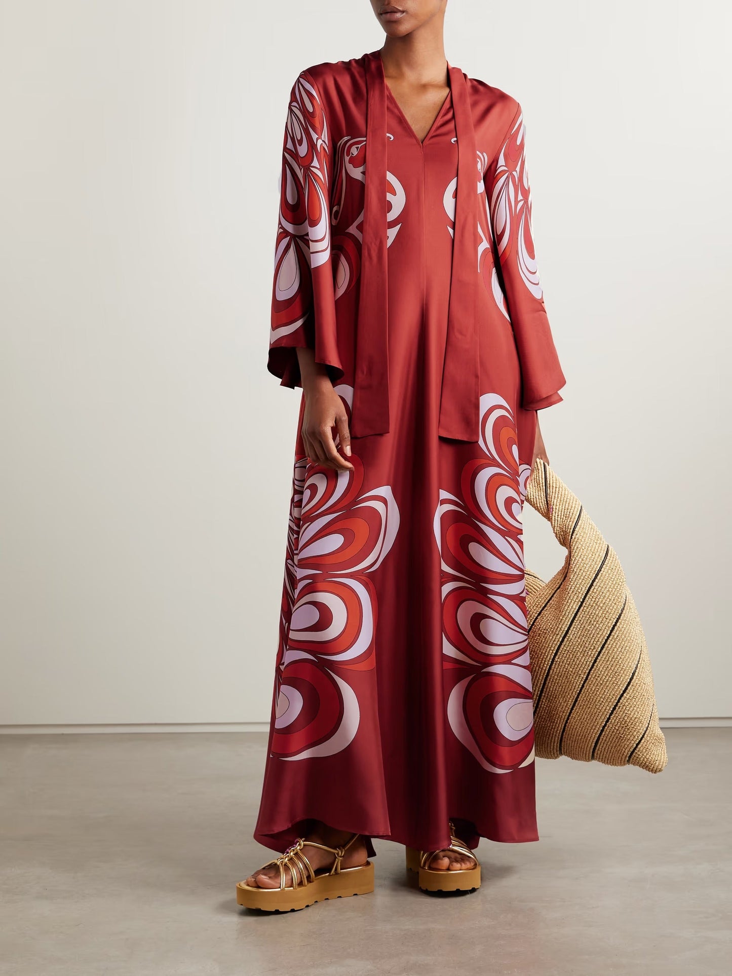 Unique Abstract Peacock Floral Print Flare Sleeve Maxi Dress