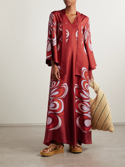 Unique Abstract Peacock Floral Print Flare Sleeve Maxi Dress