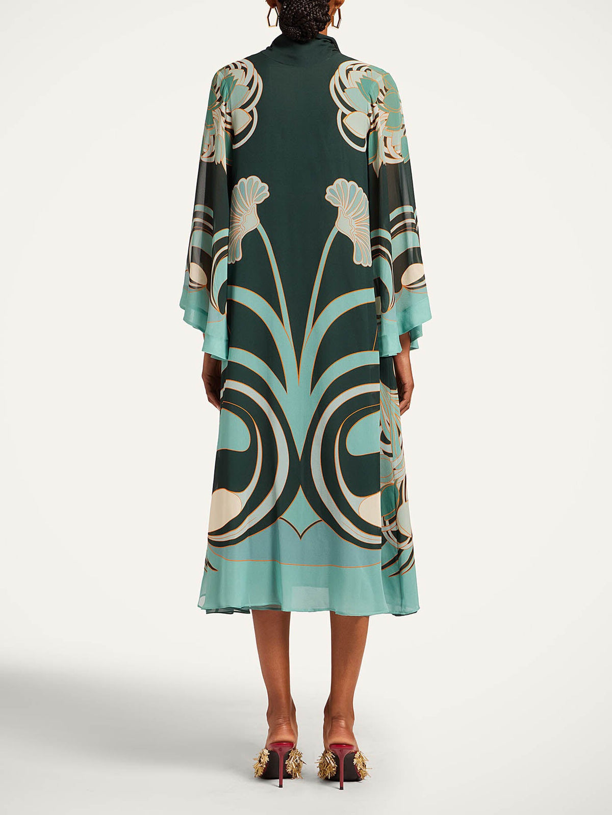 Elegant Geometric Print Chiffon Shawl Midi Dress