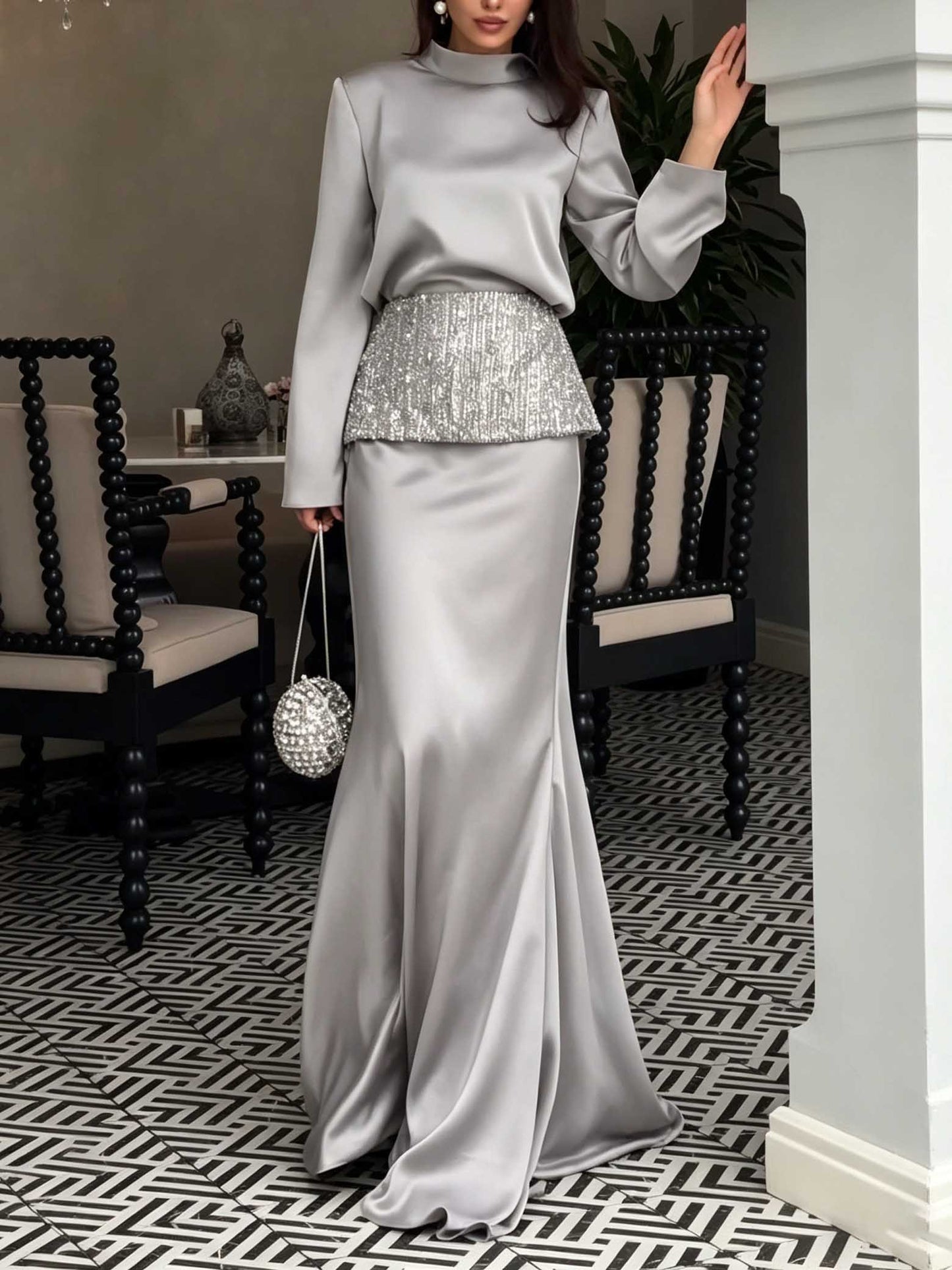 Elegant Satin Mock Neck Top & Mermaid Maxi Skirt Two-Piece Set