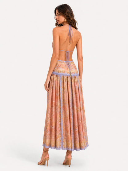 Bohemian Floral Print Deep V-Neck Maxi Dress