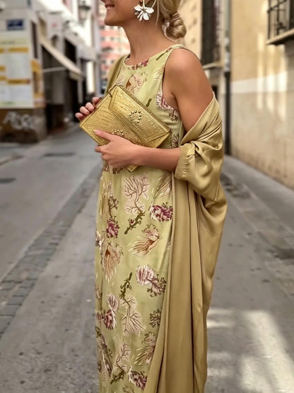Elegant Botanical Print Sleeveless Midi Dress Two-Piece Set