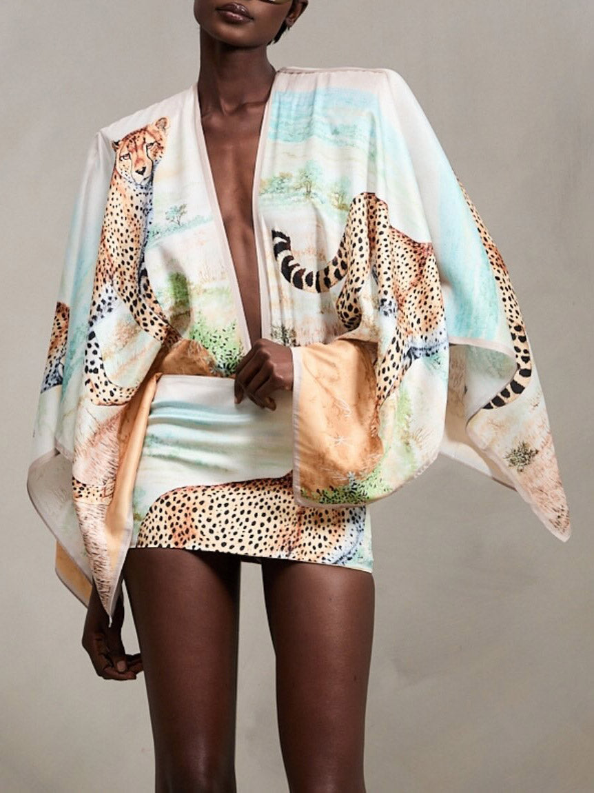 Elegant Cheetah Print Deep V Cape Sleeve Mini Dress