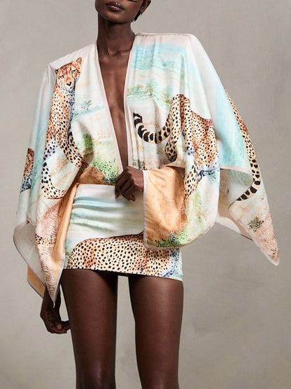Elegant Cheetah Print Deep V Cape Sleeve Mini Dress