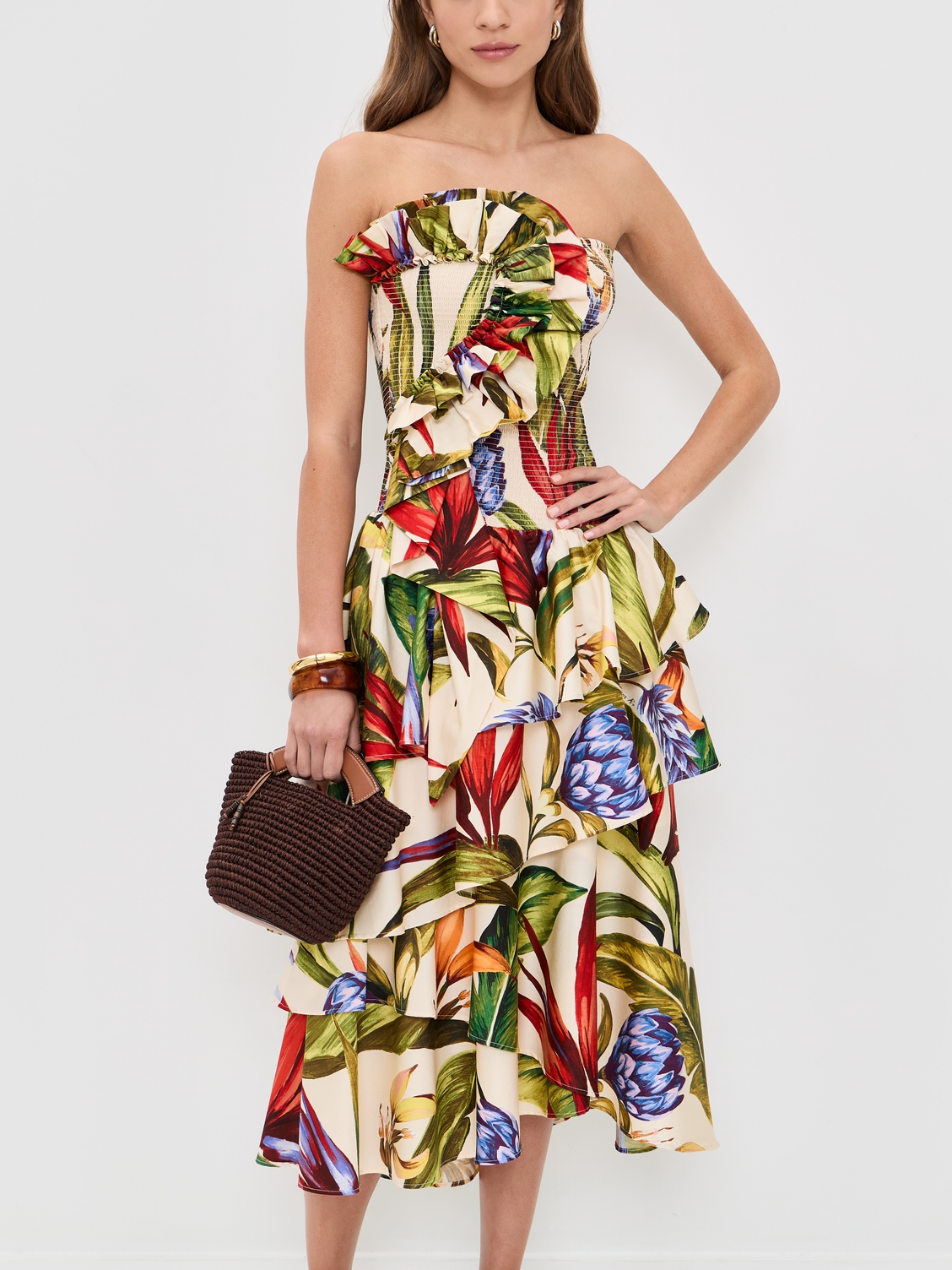 Tropical Botanical Print Strapless Dress