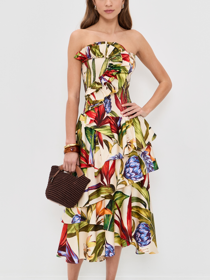 Tropical Botanical Print Strapless Dress